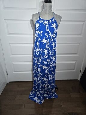 Blue and White Floral Halter Maxi Dress